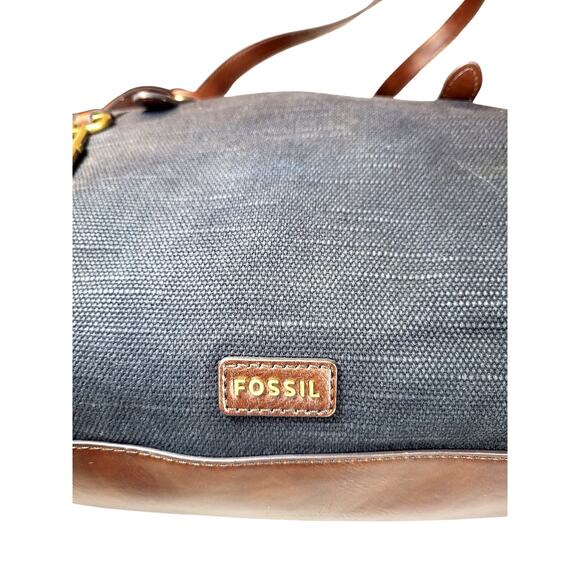 Vintage Fossil Canvas & Leather Hobo Tote Black/ Brown Key Bag Charm 16" - Picture 6 of 7